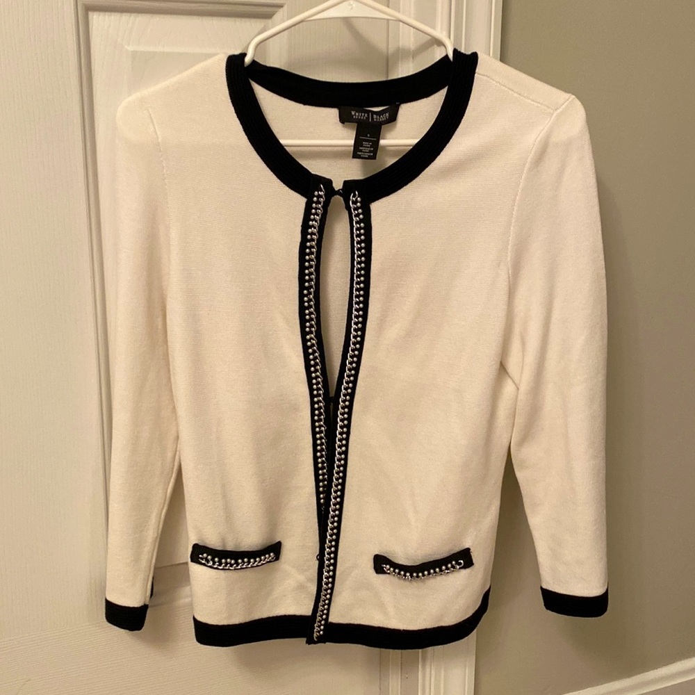 White House Black Market sweater with pearls.